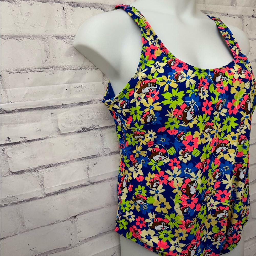 Buc-ee’s Size 2X‎ Blue Neon Floral Beaver Logo One Piece Swimsuit - Picture 2 of 10